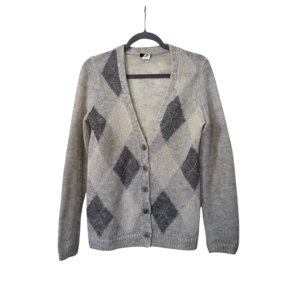 J. Crew Ivory Gray Mohair Wool Blend Argyle Cardigan Grandpa Sweater, Medium